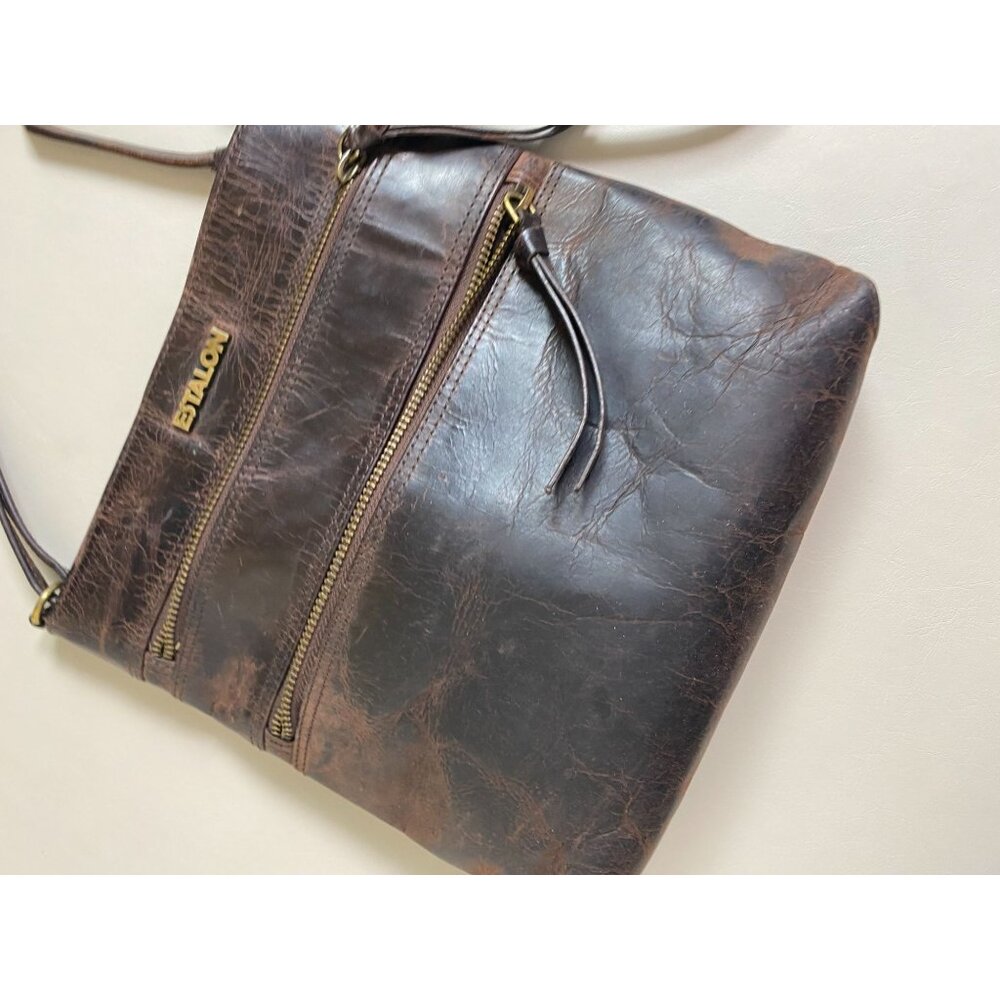 Estalon Brown Leather Crossbody Bag Zip Adjustable Strap OS 9"X 9" Boho Rustic - Picture 12 of 16